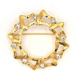 MONET Gold Tone Starburst Wreath Vintage Brooch Pin Clear Rhinestones Vintage‎